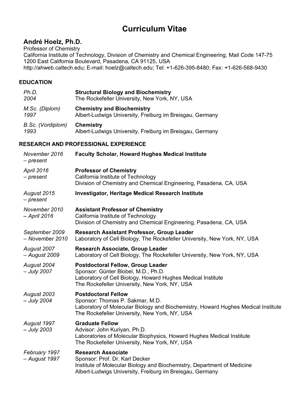 Curriculum Vitae André Hoelz, Ph.D