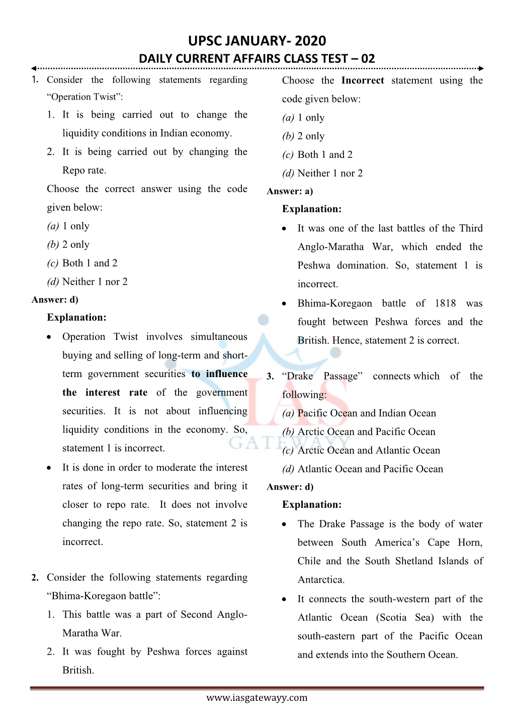 Upsc January- 2020 Daily Current Affairs Class Test – 02 1