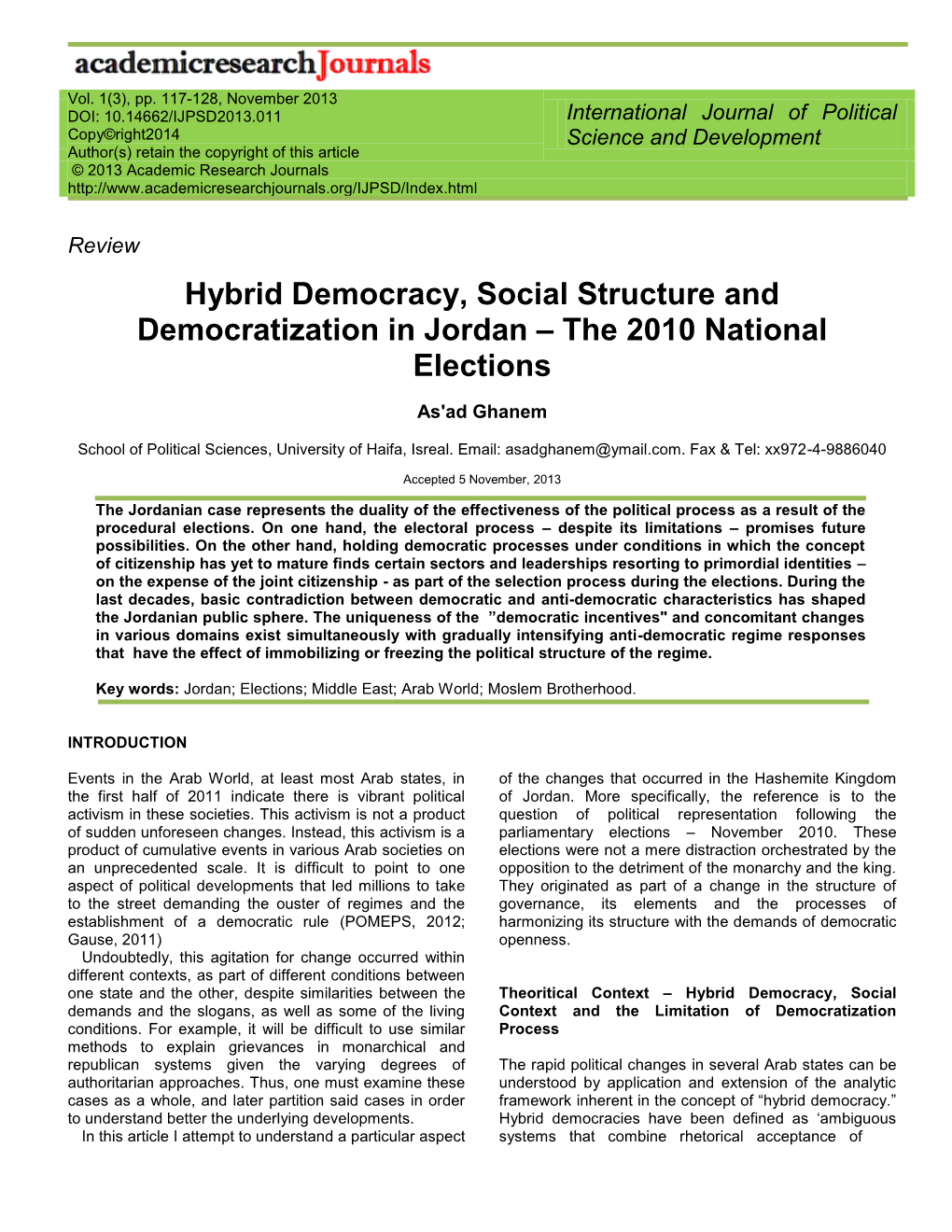 Hybrid Democracy, Social Structure and Democratization in Jordan – the 2010 National Elections