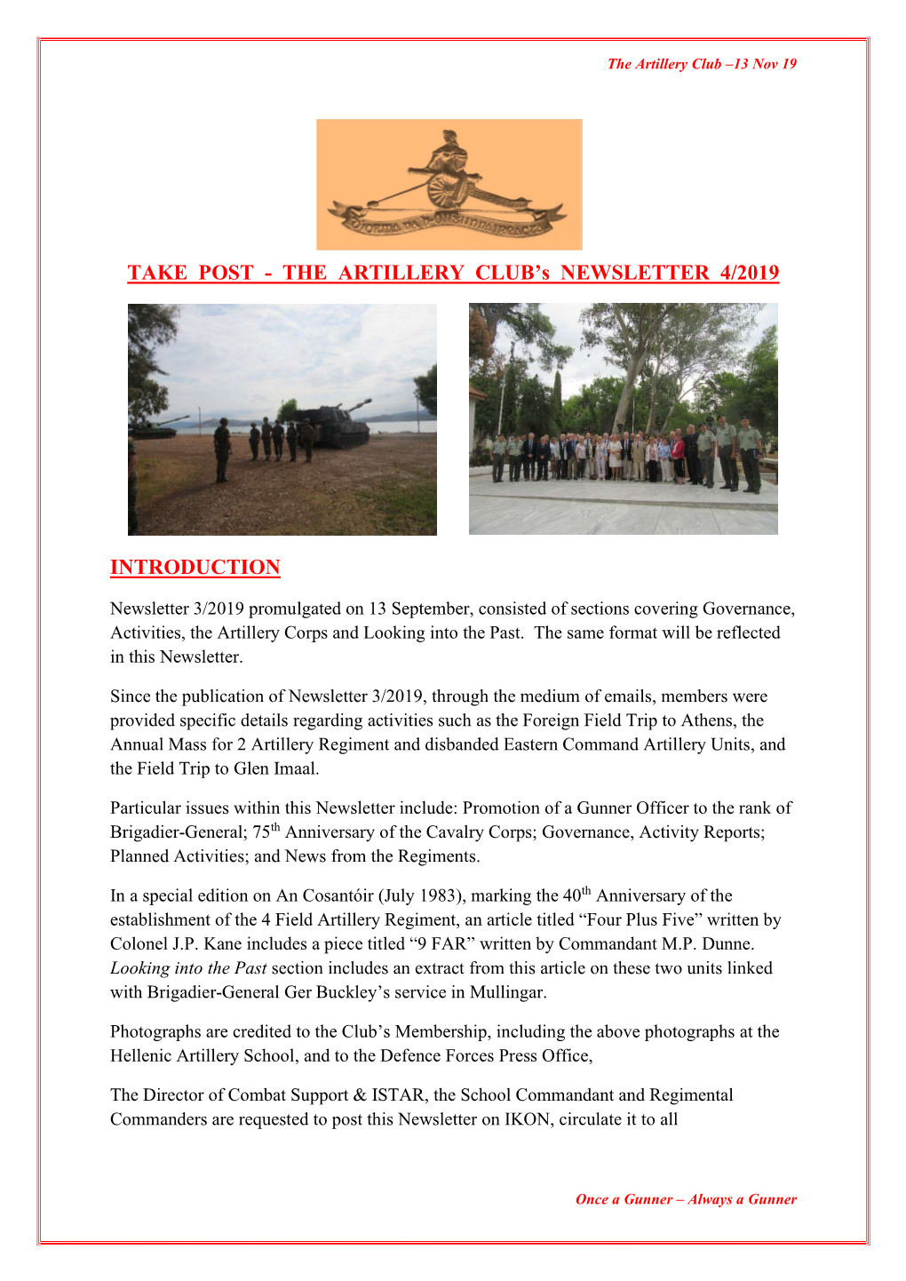 Artillery Club Newsletter 4 of 2019 (13 Nov