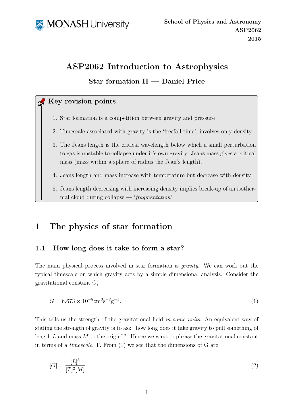 ASP2062 Introduction to Astrophysics 1 the Physics of Star Formation