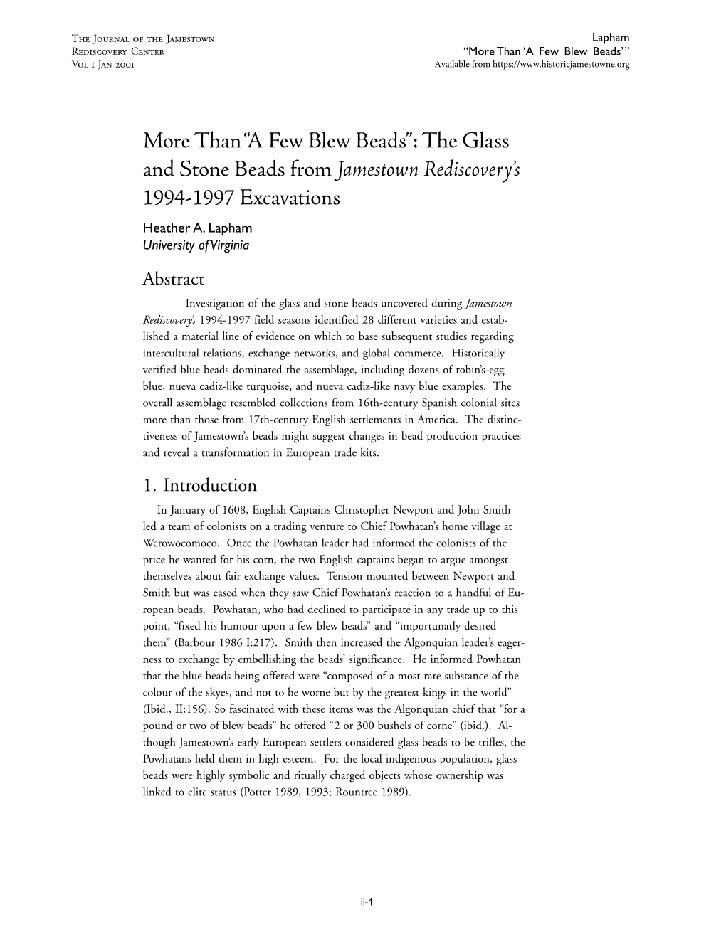 More Than “A Few Blew Beads”: the Glass and Stone Beads from Jamestown Rediscovery’S 1994-1997 Excavations Heather A