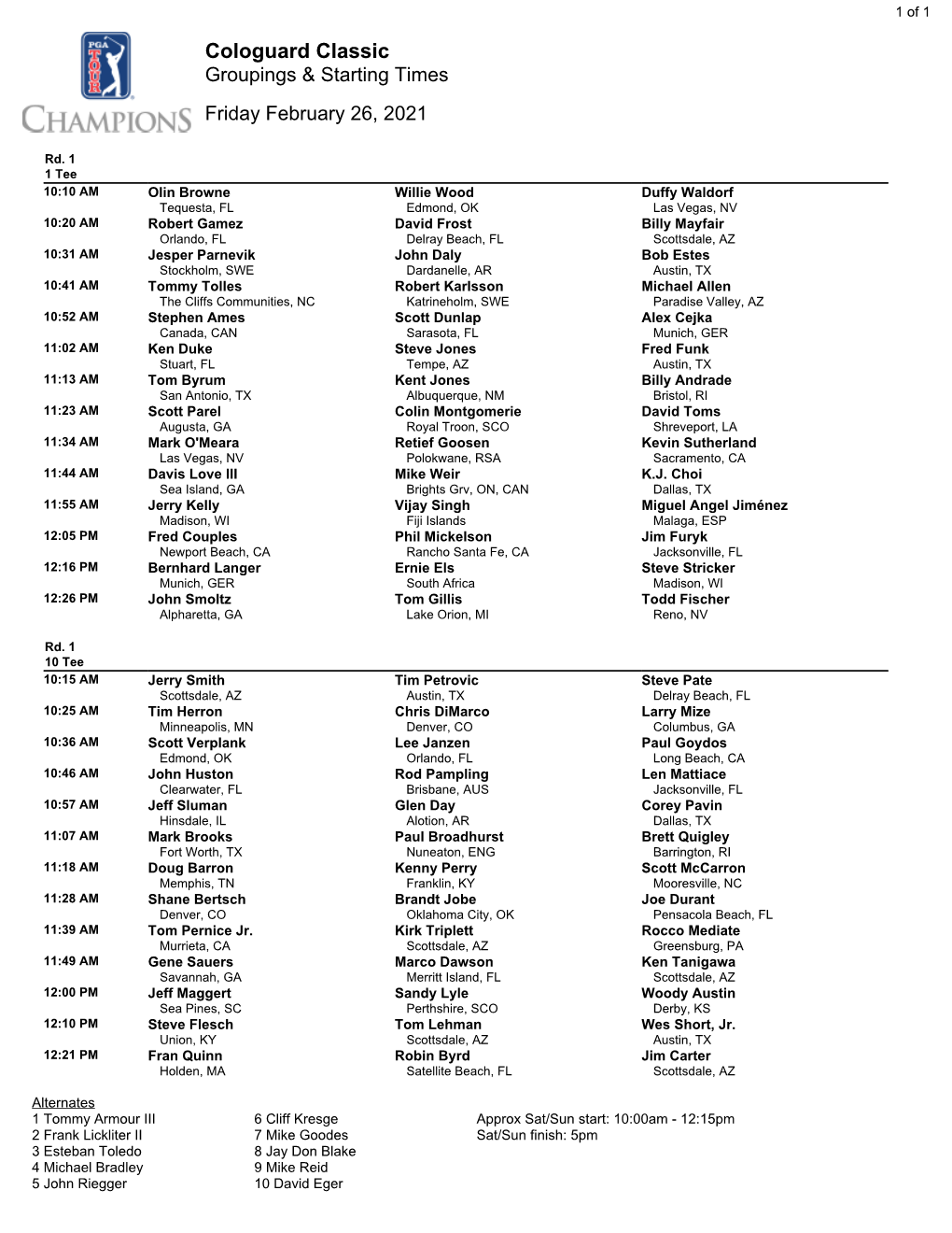 Cologuard Classic Groupings & Starting Times Friday February 26, 2021