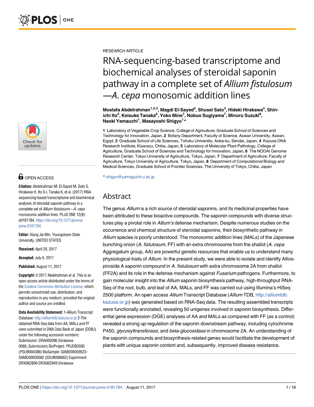 RNA-Sequencing-Based Transcriptome and Biochemical Analyses of Steroidal Saponin Pathway in a Complete Set of Allium Fistulosum —A