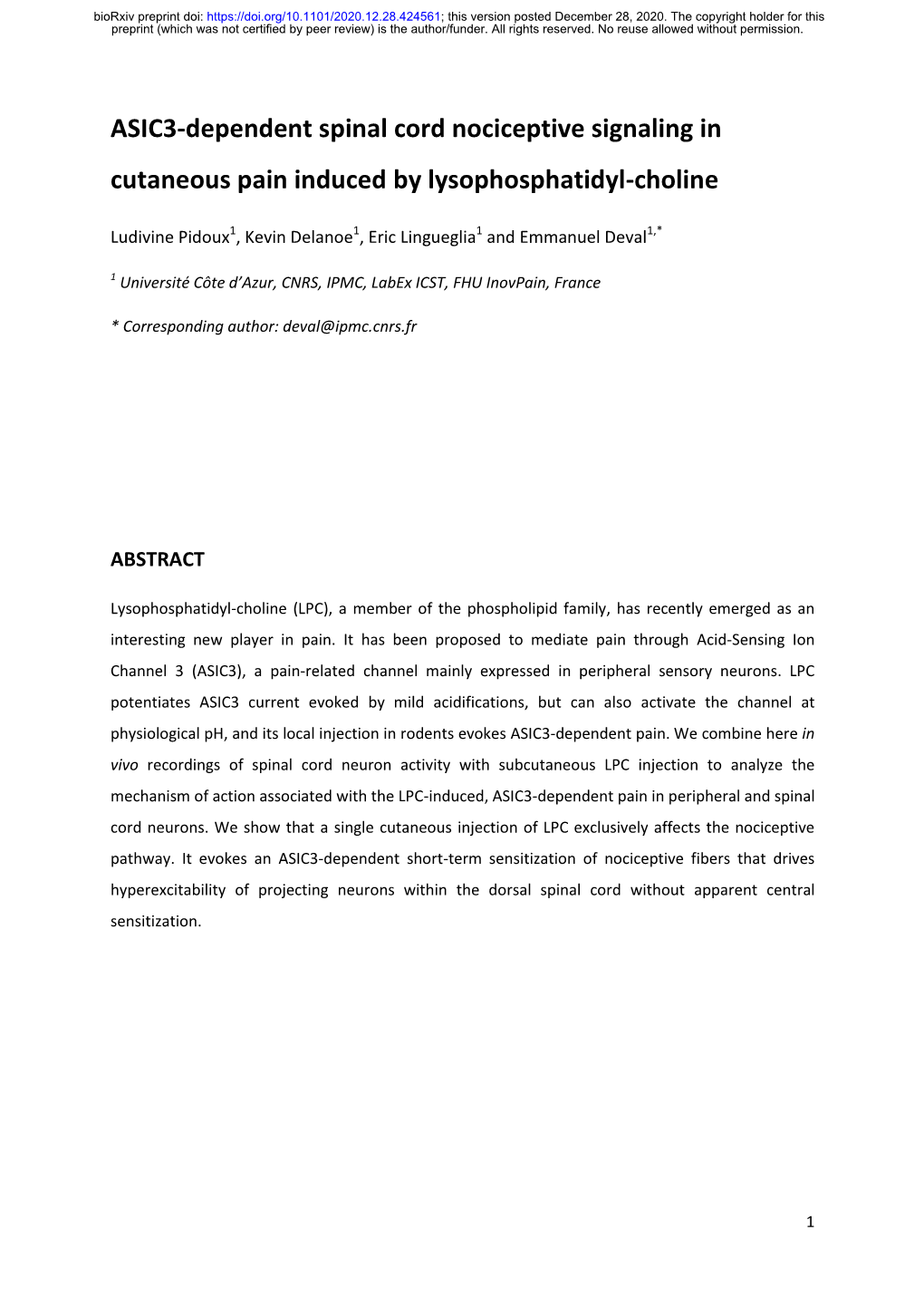 ASIC3-Dependent Spinal Cord Nociceptive Signaling in Cutaneous Pain Induced by Lysophosphatidyl-Choline