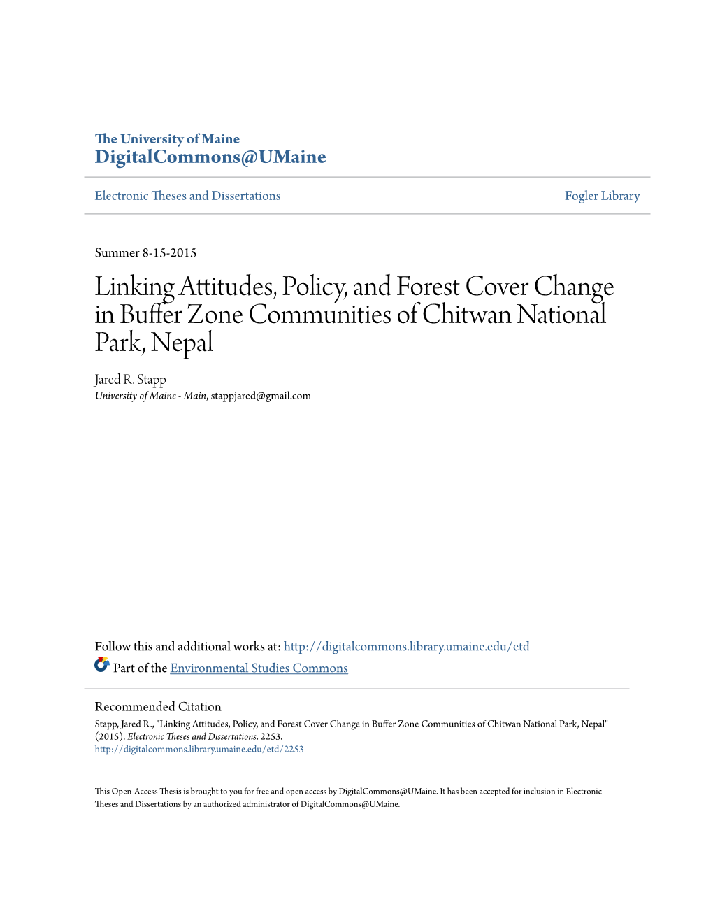Linking Attitudes, Policy, and Forest Cover Change in Buffer Zone Communities of Chitwan National Park, Nepal Jared R