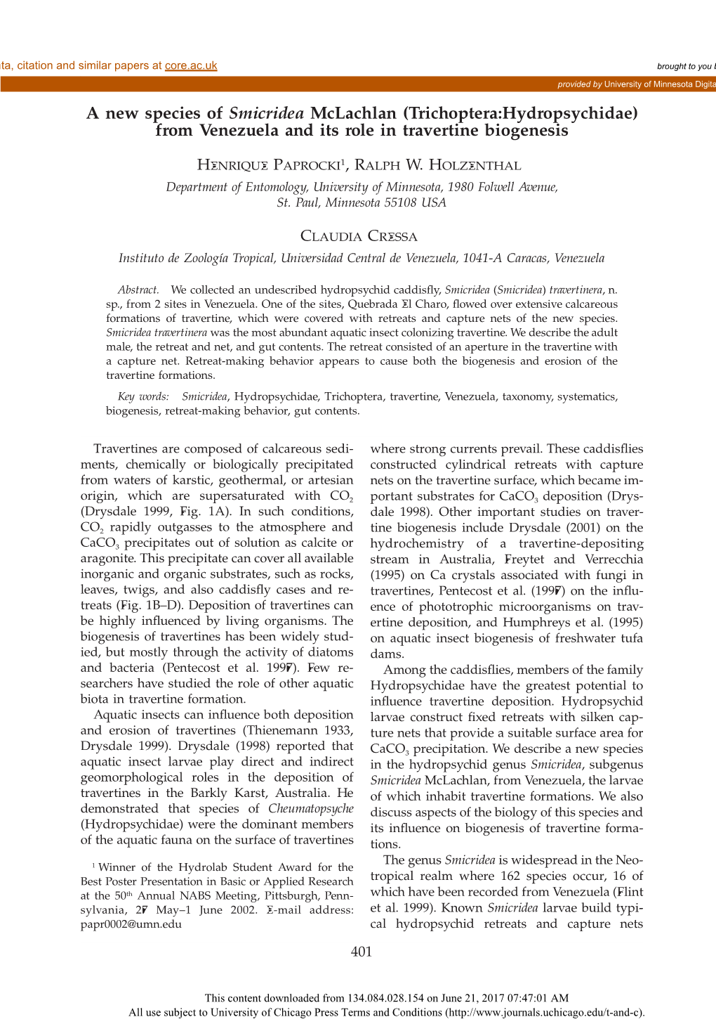 A New Species of Smicridea Mclachlan (Trichoptera:Hydropsychidae) from Venezuela and Its Role in Travertine Biogenesis