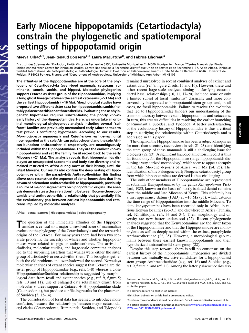 Early Miocene Hippopotamids (Cetartiodactyla) Constrain the Phylogenetic and Spatiotemporal Settings of Hippopotamid Origin