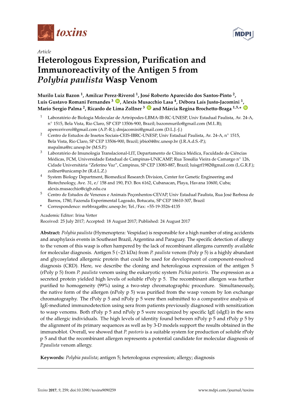 Heterologous Expression, Purification and Immunoreactivity of the Antigen