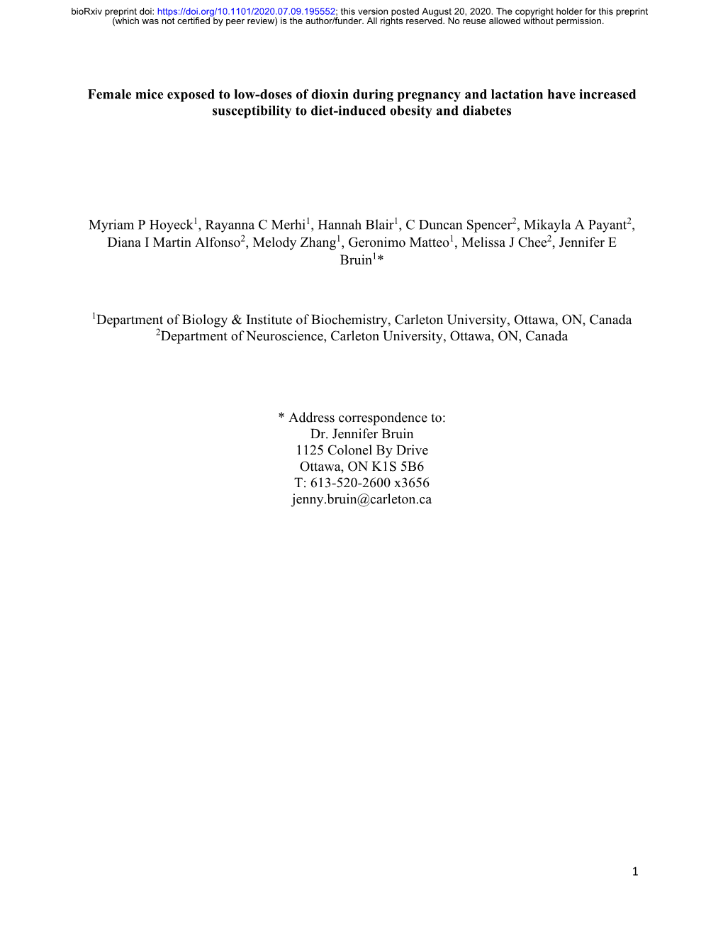 Female Mice Exposed to Low-Doses of Dioxin During Pregnancy and Lactation Have Increased Susceptibility to Diet-Induced Obesity and Diabetes