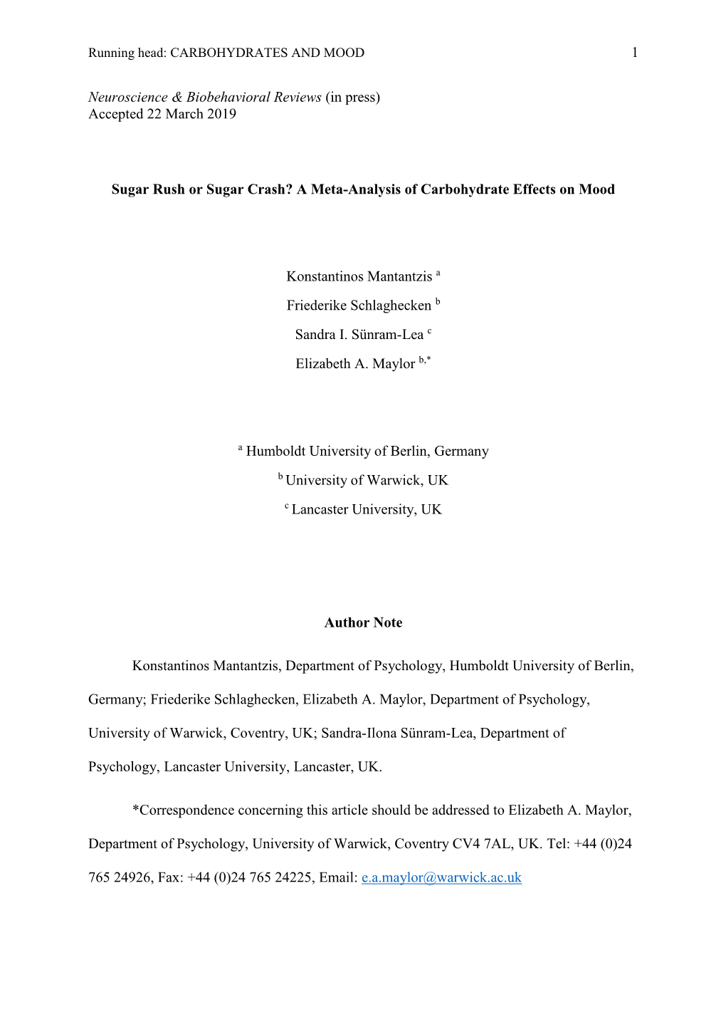 Accepted 22 March 2019 Sugar Rush Or Sugar Crash? a Meta-Analysis Of