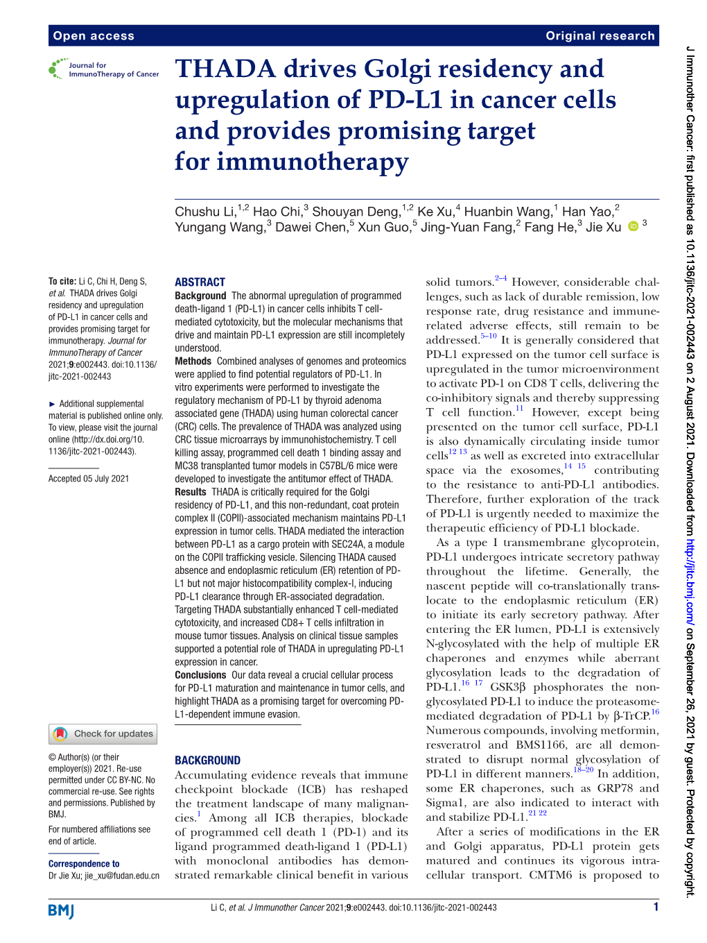 THADA Drives Golgi Residency and Upregulation of PD-L1 in Cancer