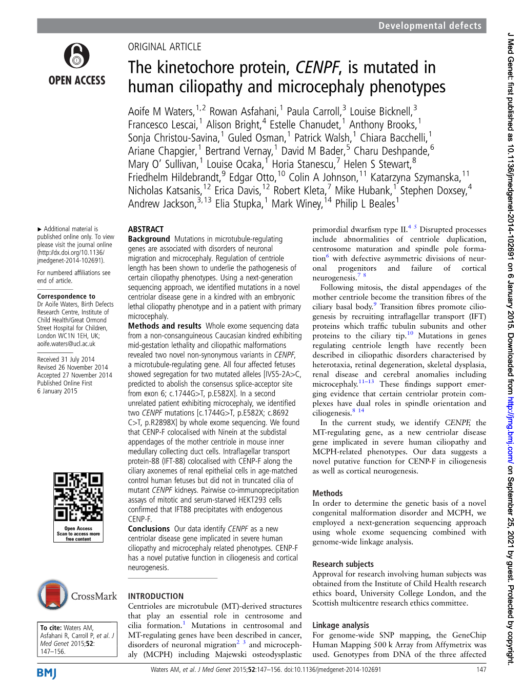 The Kinetochore Protein, CENPF, Is Mutated in Human Ciliopathy And