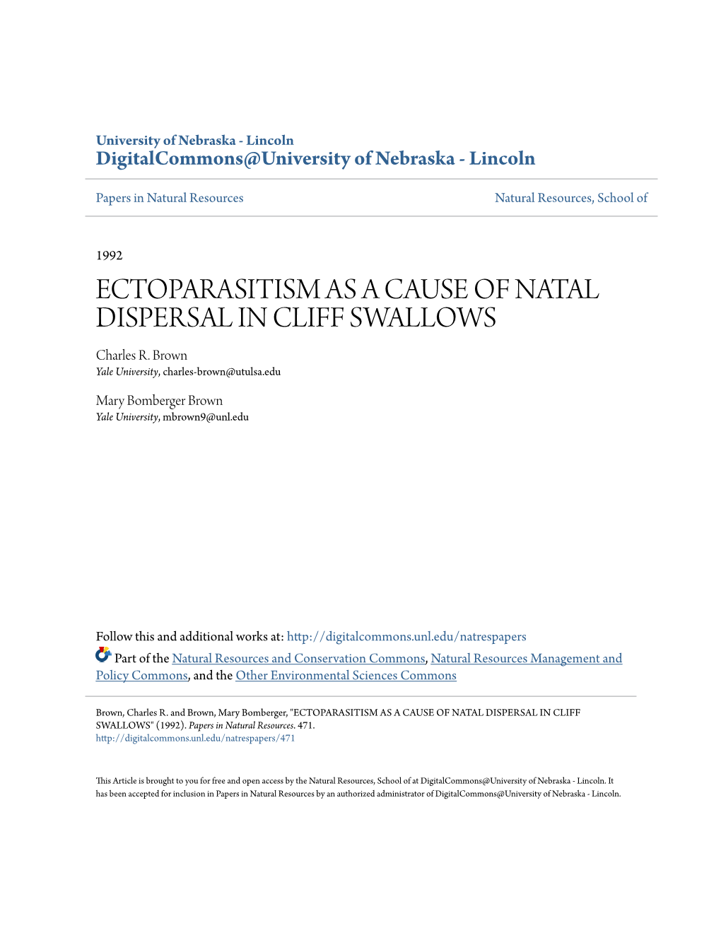 ECTOPARASITISM AS a CAUSE of NATAL DISPERSAL in CLIFF SWALLOWS Charles R
