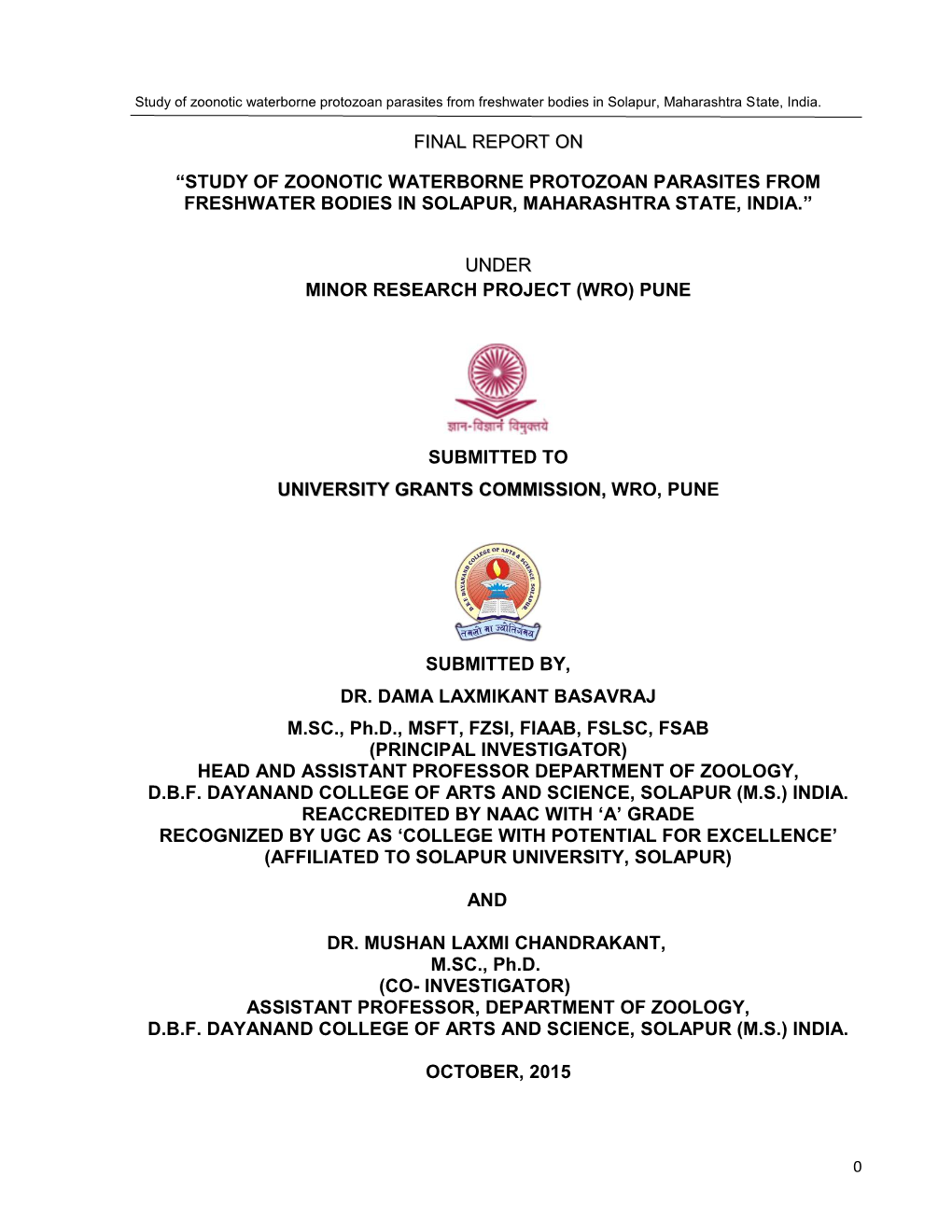 Study of Zoonotic Waterborne Protozoan Parasites from Freshwater Bodies in Solapur, Maharashtra State, India