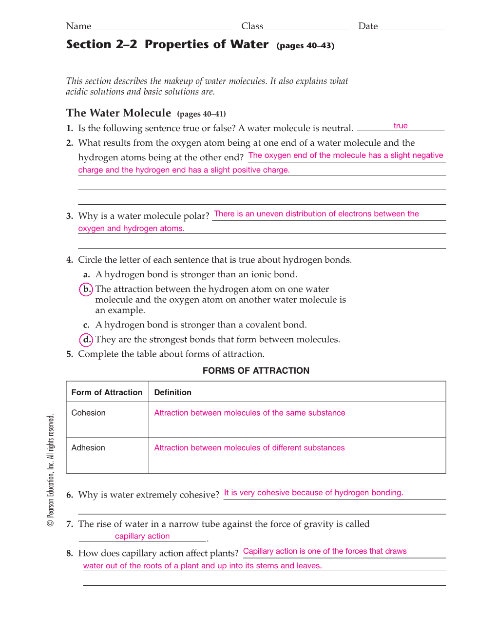 Section 2–2 Properties of Water (Pages 40–43)