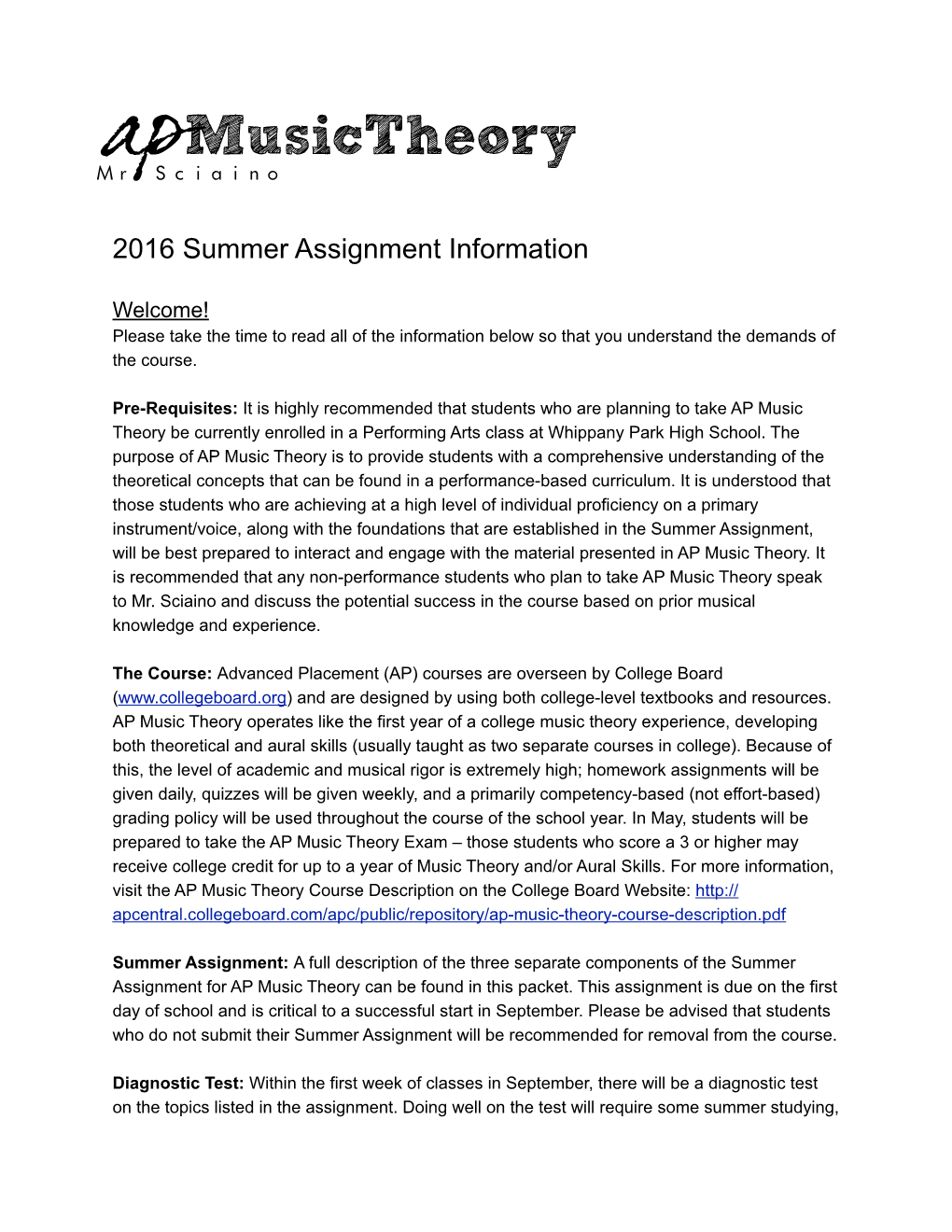 AP MUSIC THEORY SUMMER ASSIGNMENT ! !PART 1: John Steffa’S Intro to Music Theory Course Concepts Covered: • Identify Notes in Treble, Bass, Alto and Tenor Clefs