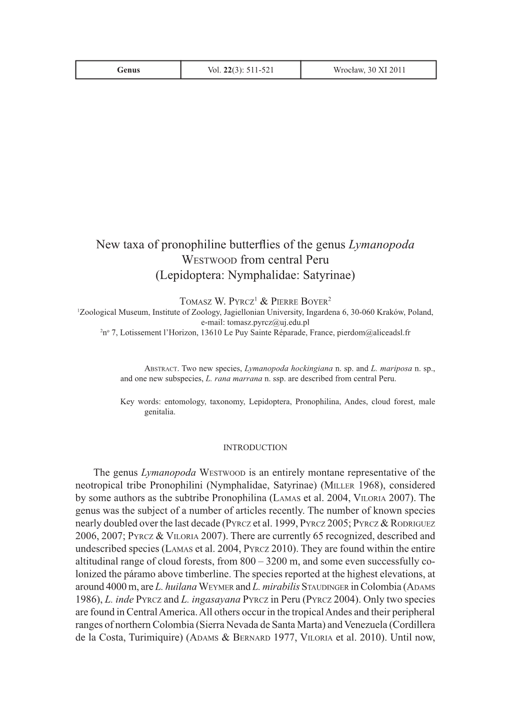 New Taxa of Pronophiline Butterflies of the Genus Lymanopoda 513