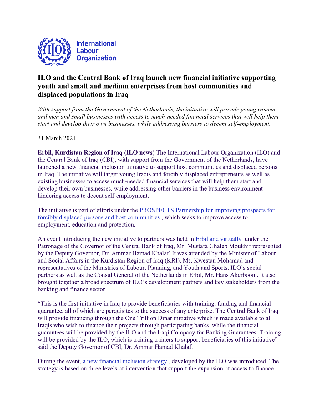 ILO and the Central Bank of Iraq Launch New Financial Initiative
