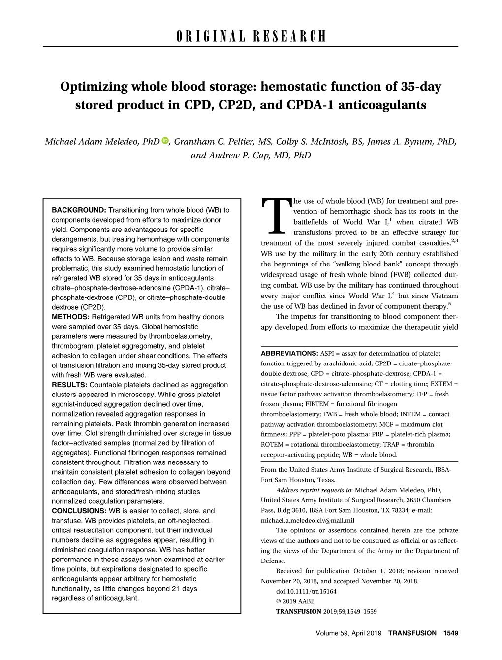 Optimizing Whole Blood Storage: Hemostatic Function of 35-Day Stored Product in CPD, CP2D, and CPDA-1 Anticoagulants