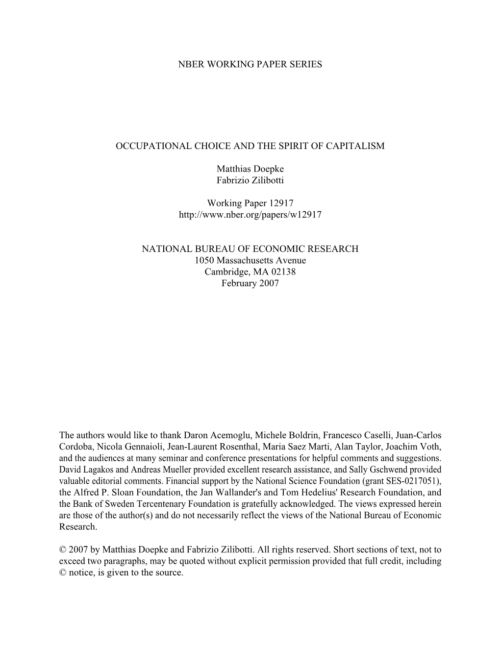 Nber Working Paper Series Occupational Choice And