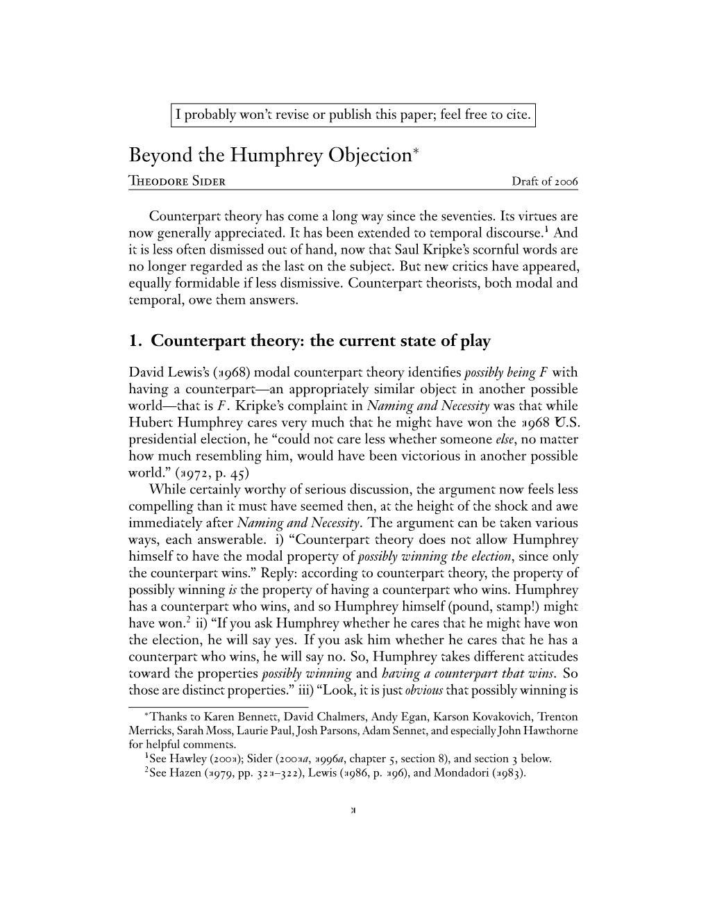Beyond the Humphrey Objection∗ Theodore Sider Draft of 2006