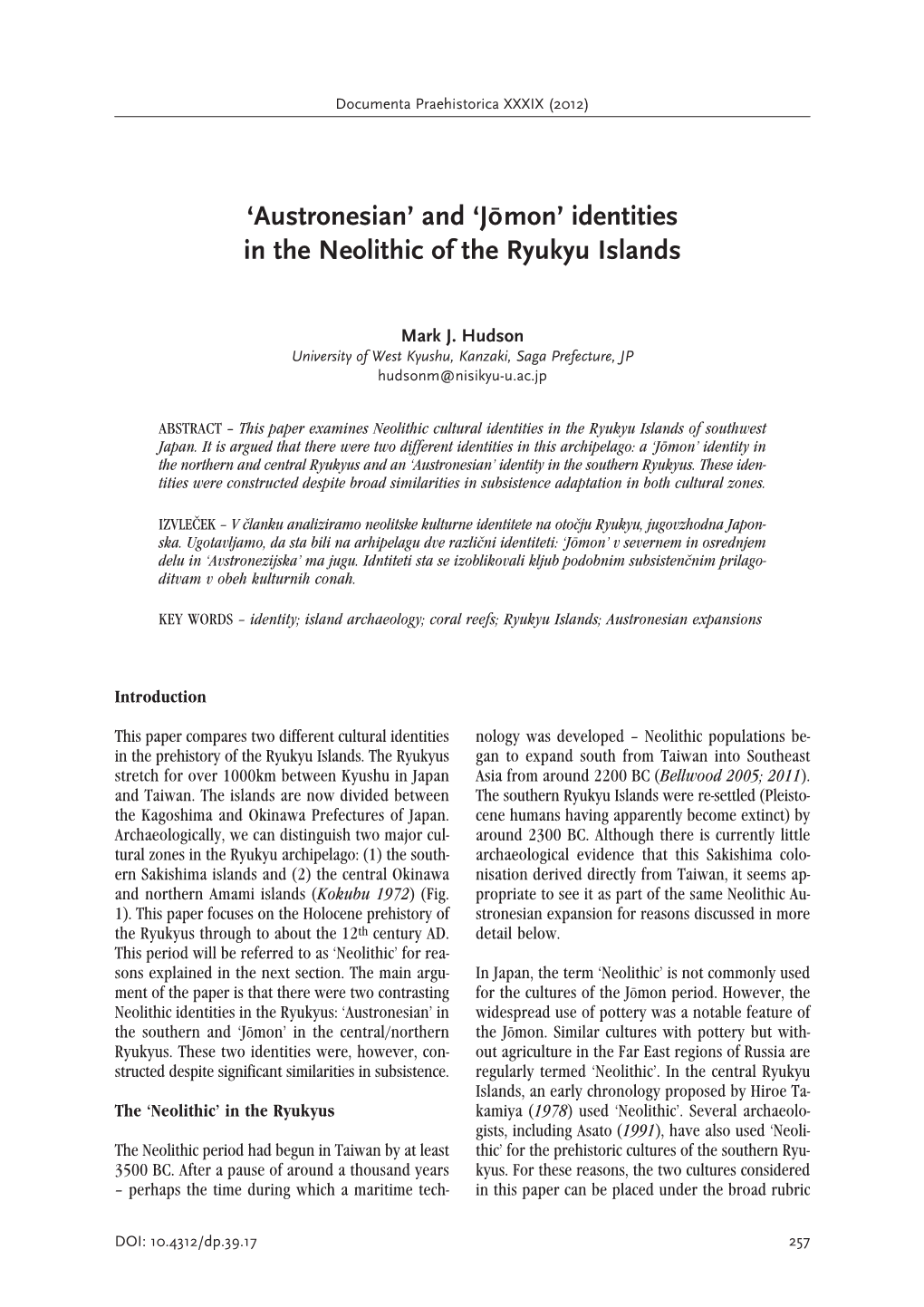 'Austronesian' and 'Jo¯Mon' Identities in the Neolithic of the Ryukyu Islands