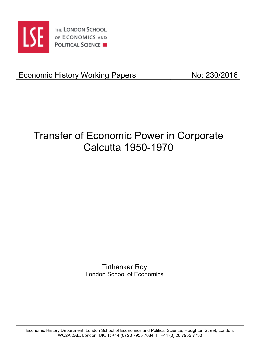 Transfer of Economic Power in Corporate Calcutta 1950-1970
