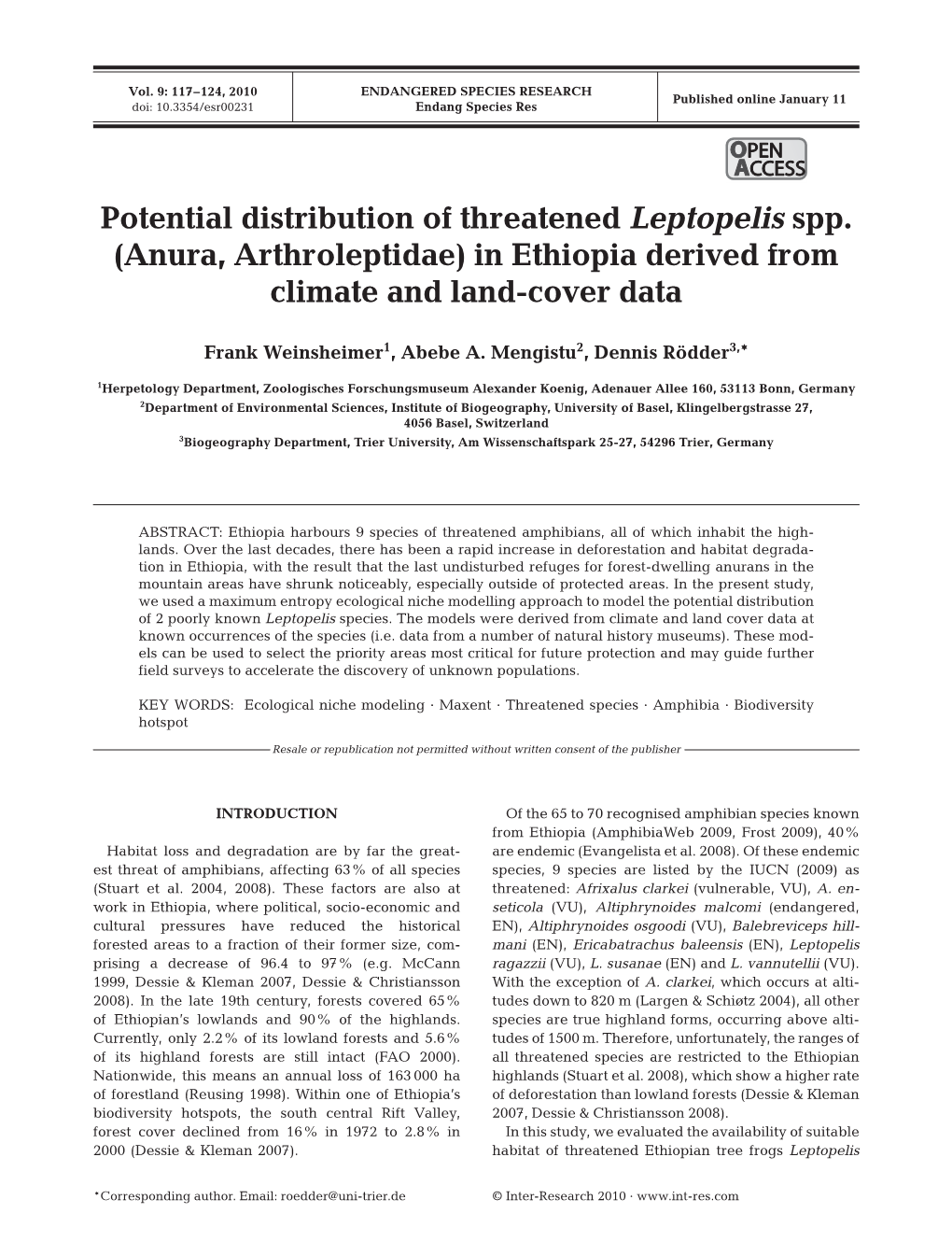 Potential Distribution of Threatened Leptopelis Spp. (Anura, Arthroleptidae) in Ethiopia Derived from Climate and Land-Cover Data