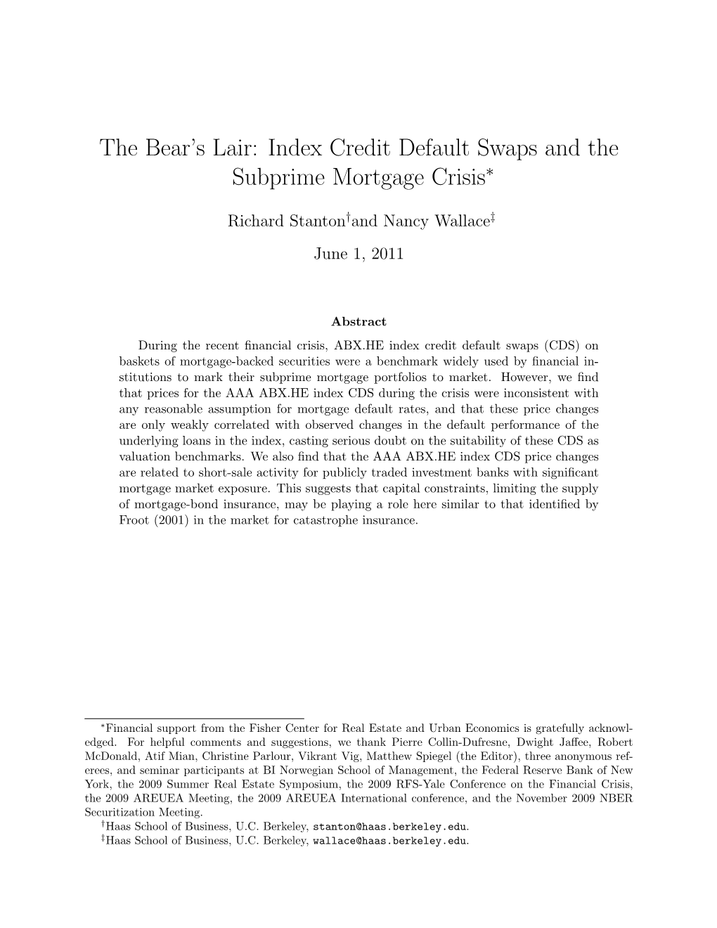 Index Credit Default Swaps and the Subprime Mortgage Crisis∗