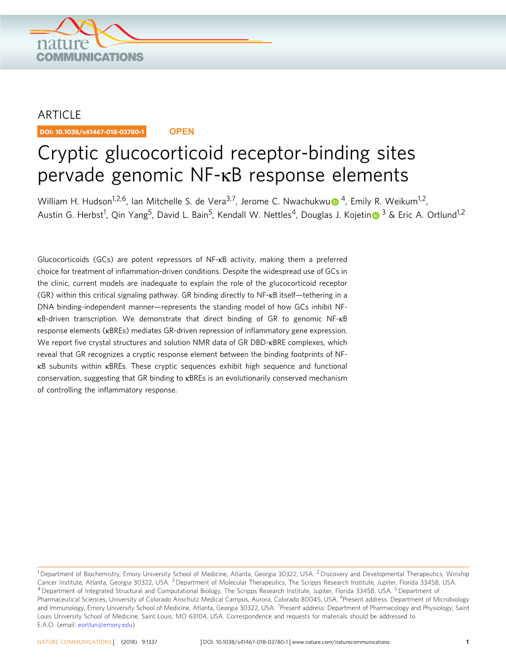 Cryptic Glucocorticoid Receptor-Binding Sites Pervade Genomic NF-Κb Response Elements
