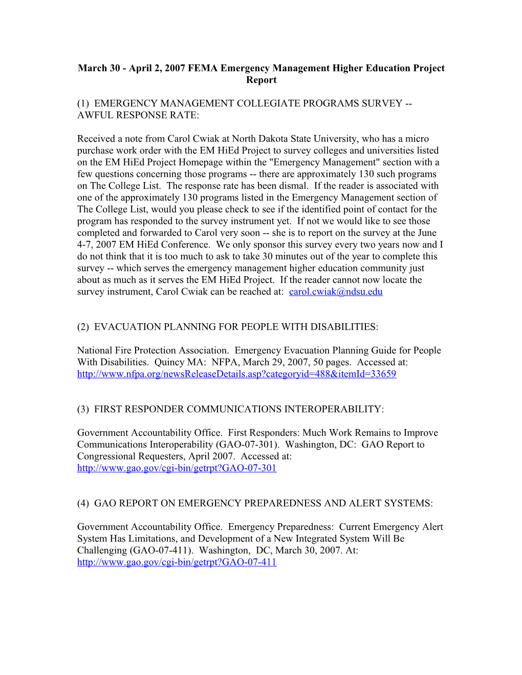 March 30 - April 2, 2007 FEMA Emergency Management Higher Education Project Report