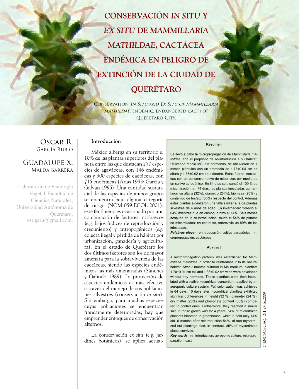 Conservación in Situ Y Ex Situ De Mammillaria Mathildae, Cactácea Endémica En Peligro De Extinción De La Ciudad De Querétaro