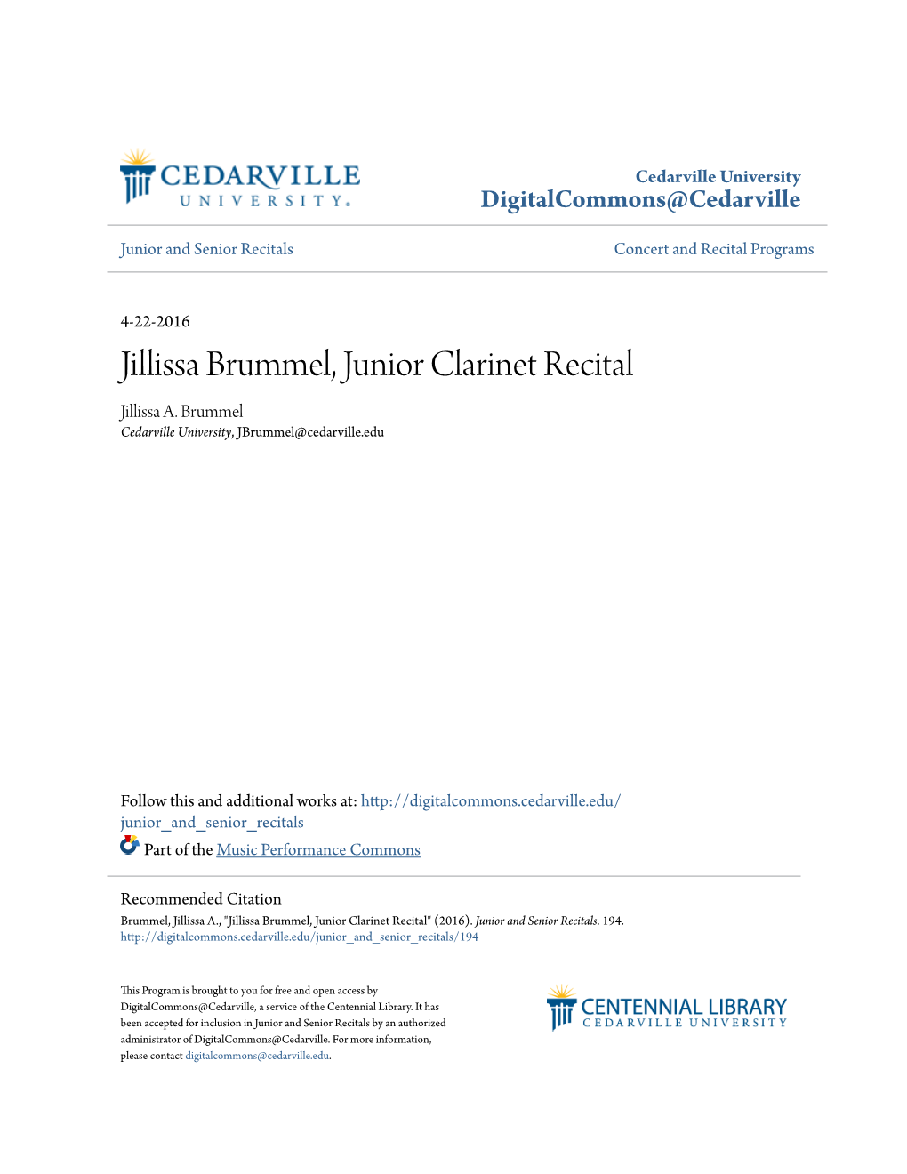 Jillissa Brummel, Junior Clarinet Recital Jillissa A