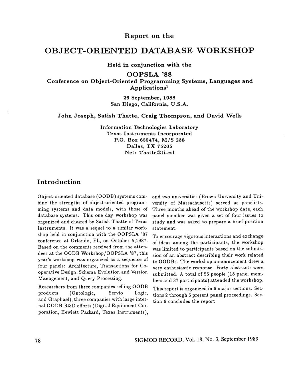 Report on OODB Workshop--OOPSLA'88, San Diego