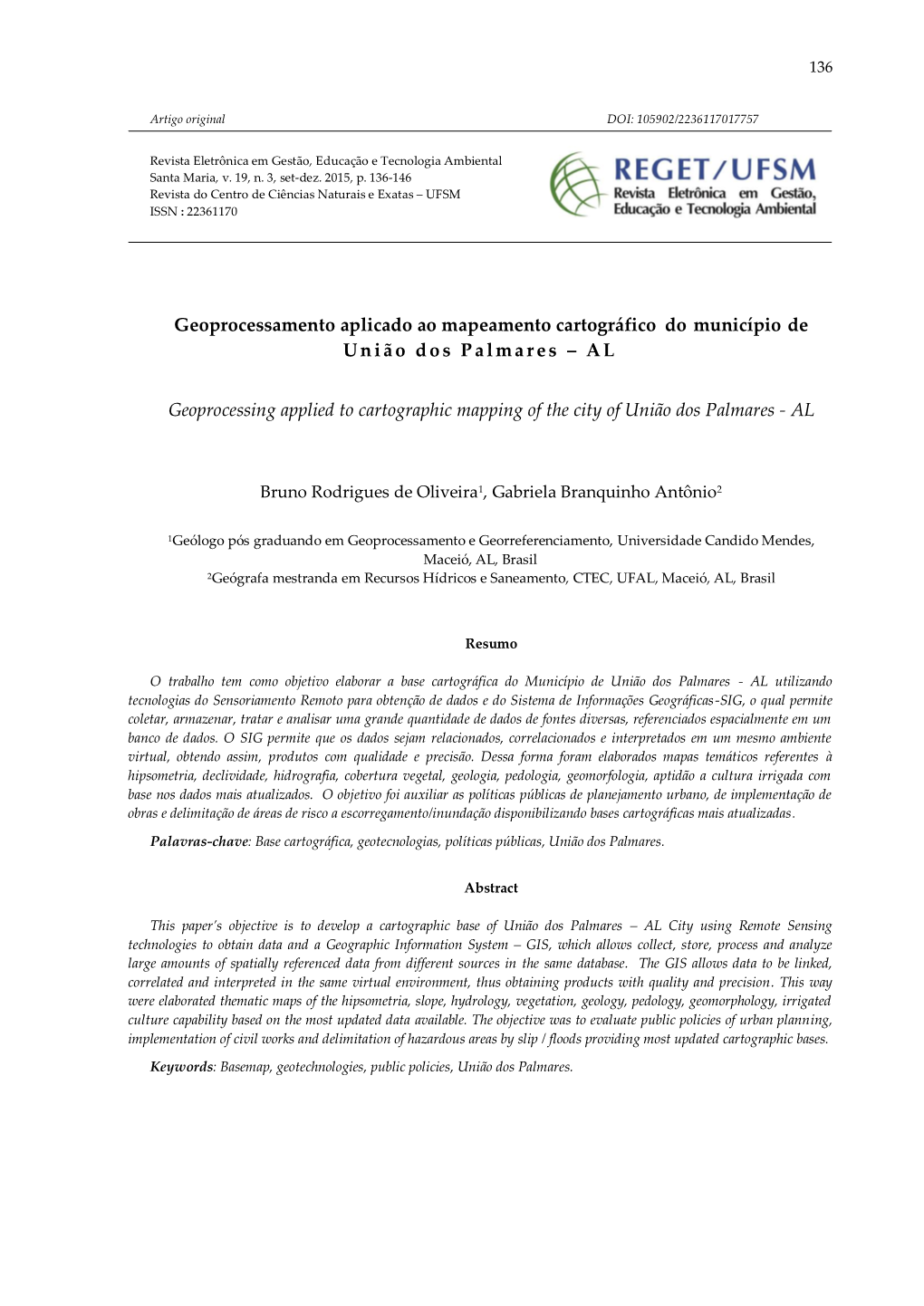 Geoprocessamento Aplicado Ao Mapeamento Cartográfico Do Município De União Dos Palmares – AL