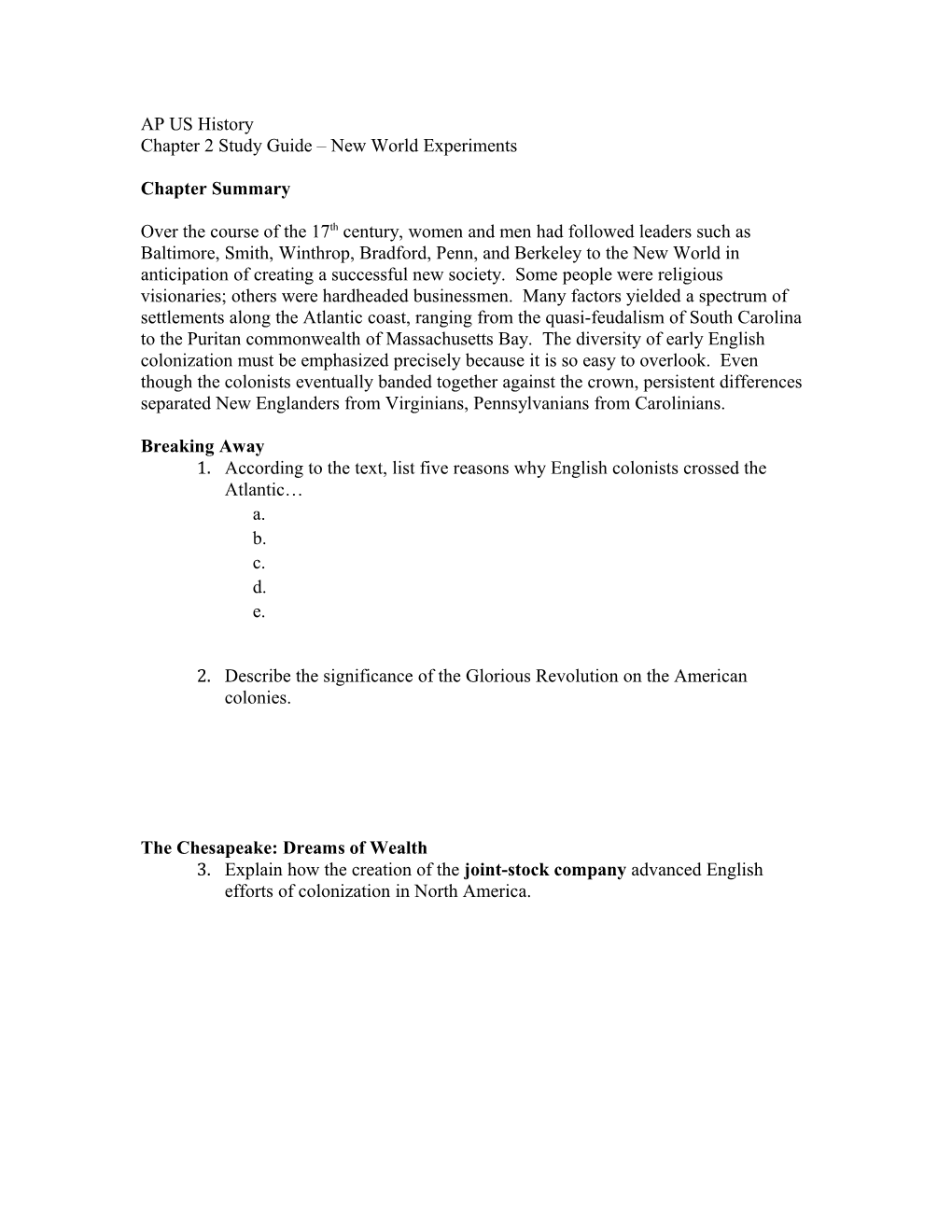 Chapter 2 Study Guide New World Experiments