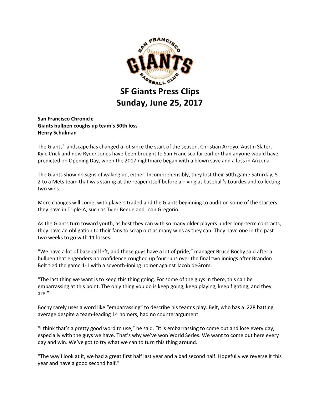 SF Giants Press Clips Sunday, June 25, 2017