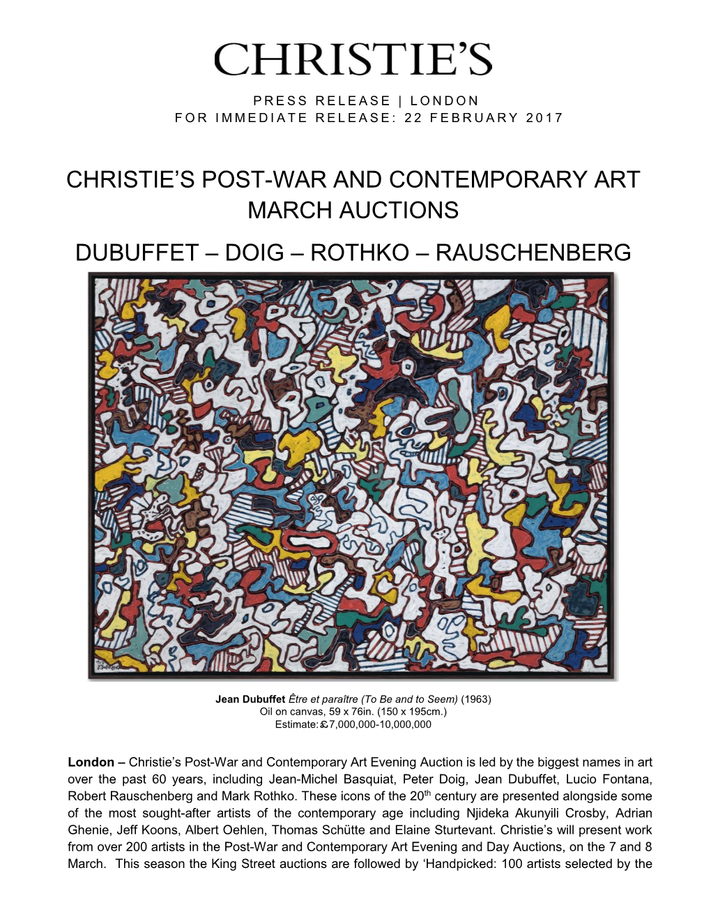 Christie's Post-War and Contemporary Art March Auctions Dubuffet – Doig – Rothko – Rauschenberg