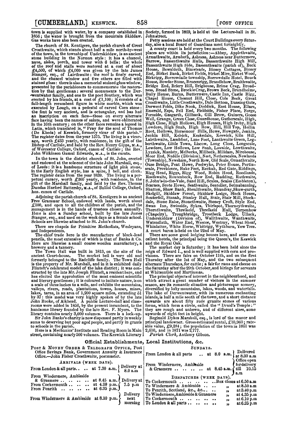 KESWICK. 858 [POST OFFICE Town Is Supplied with Water, by a Company Established in Society, Formed in 1869, Is Held at the Lecture-Hall in St