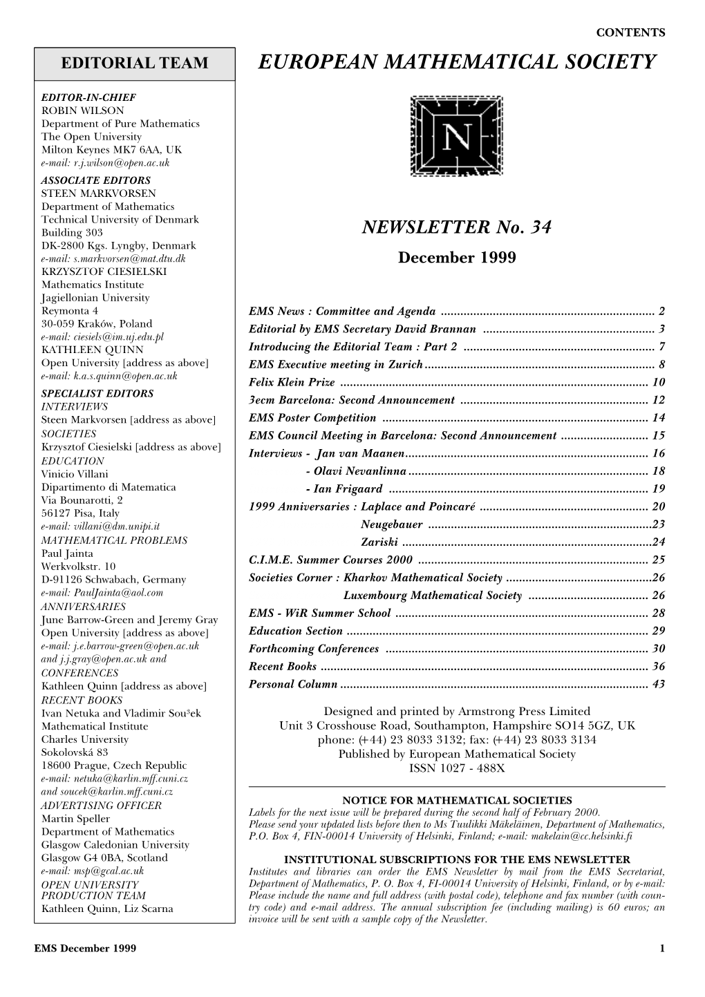 Editorial Team European Mathematical Society