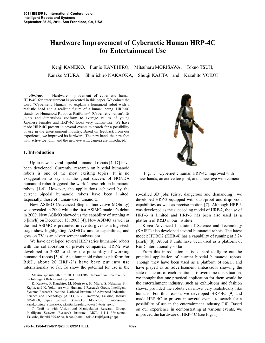 Hardware Improvement of Cybernetic Human HRP-4C for Entertainment Use