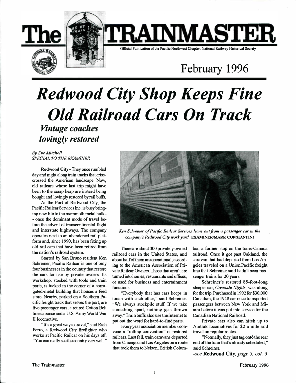 The Trainmaster February 1996 the TRAINMASTER , Is the Official Newsletter of the Pa­ CIIA.PTER TI'ie T:\BLE �O