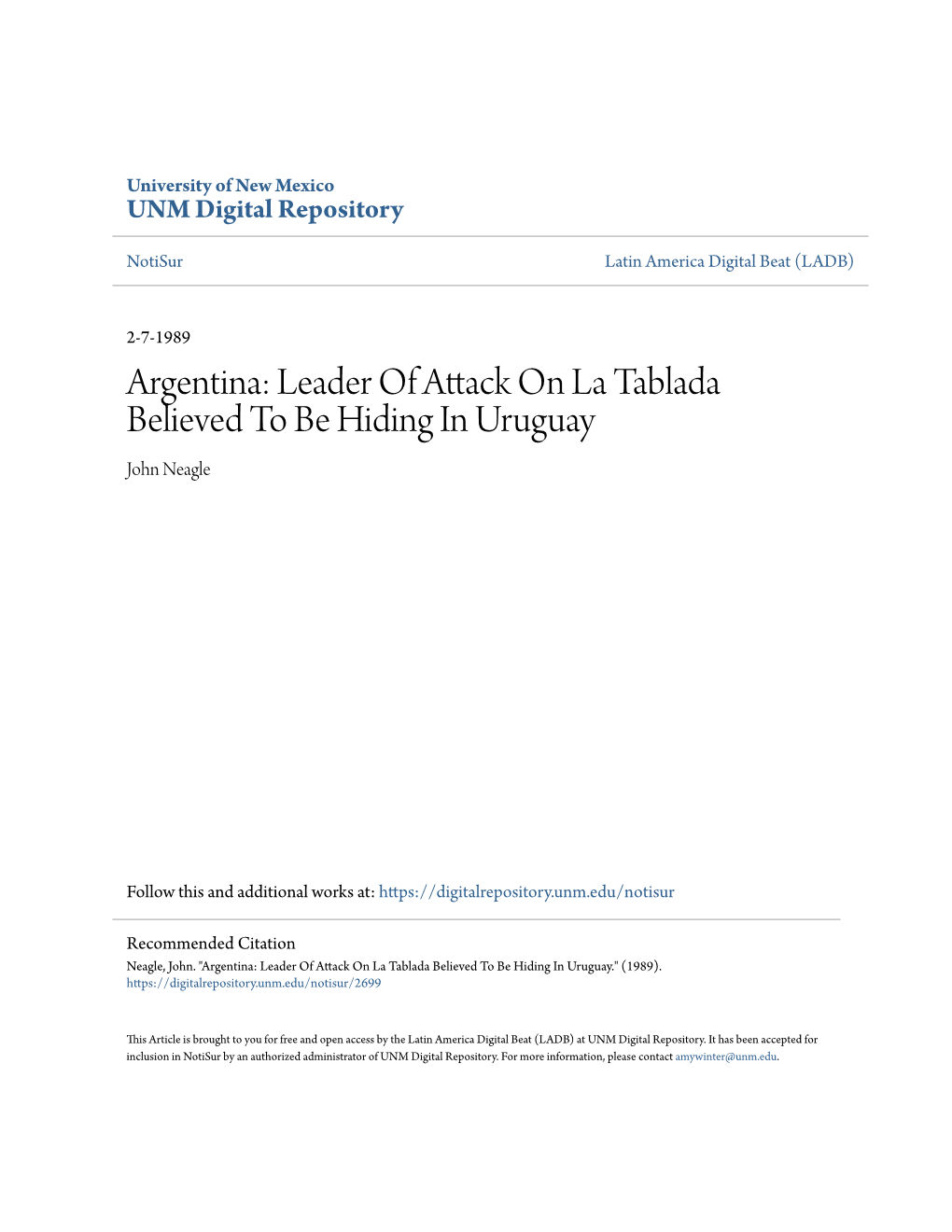 Argentina: Leader of Attack on La Tablada Believed to Be Hiding in Uruguay John Neagle