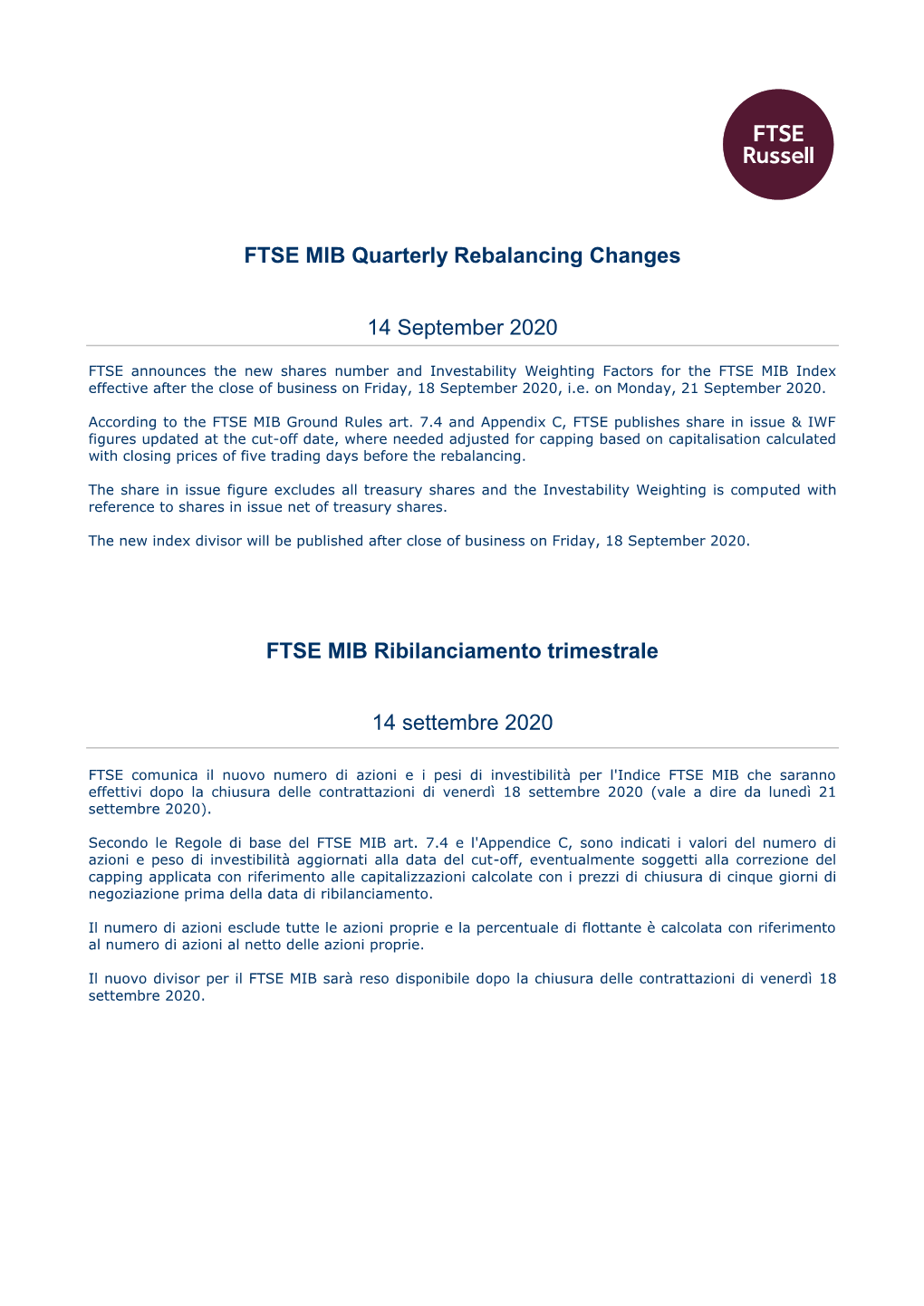 FTSE MIB Quarterly Rebalancing Changes 14 September 2020 FTSE