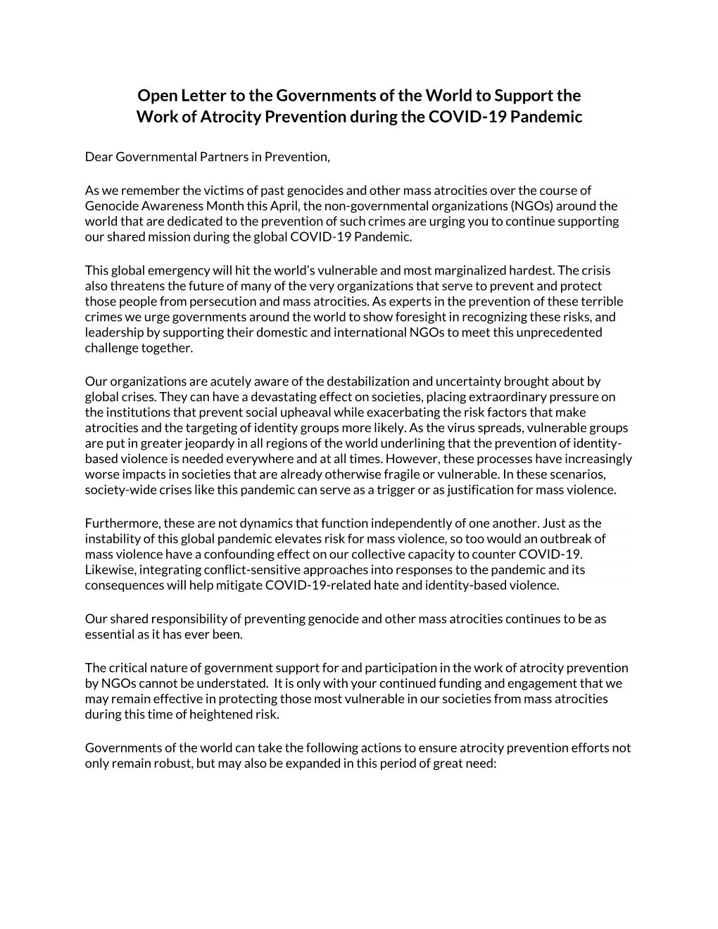 Open Letter to the Governments of the World to Support the Work of Atrocity Prevention During the COVID-19 Pandemic