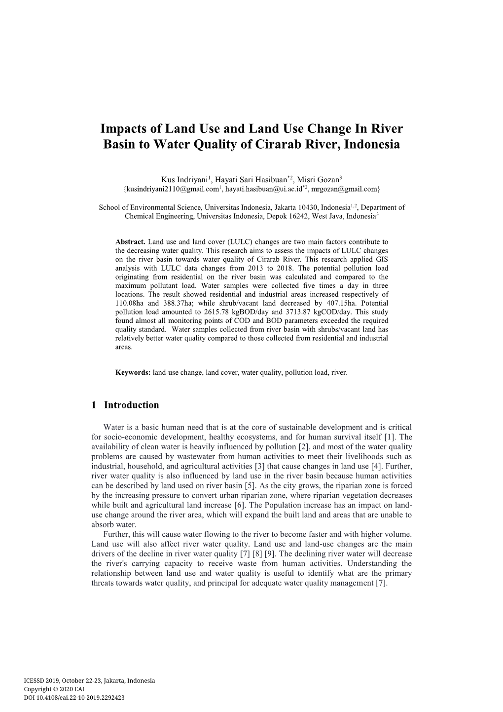 Impacts of Land Use and Land Use Change in River Basin to Water Quality of Cirarab River, Indonesia