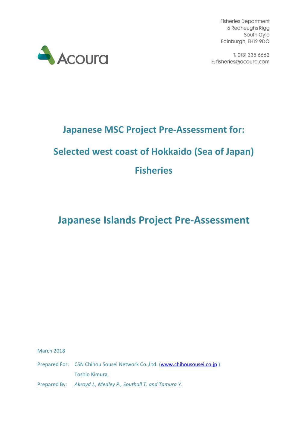 (Sea of Japan) Fisheries Japanese Islands Project Pre-Assessment