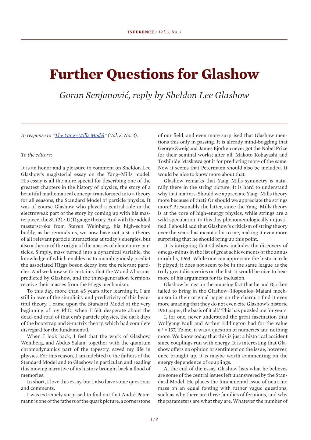 Further Questions for Glashow Goran Senjanović, Reply by Sheldon Lee Glashow