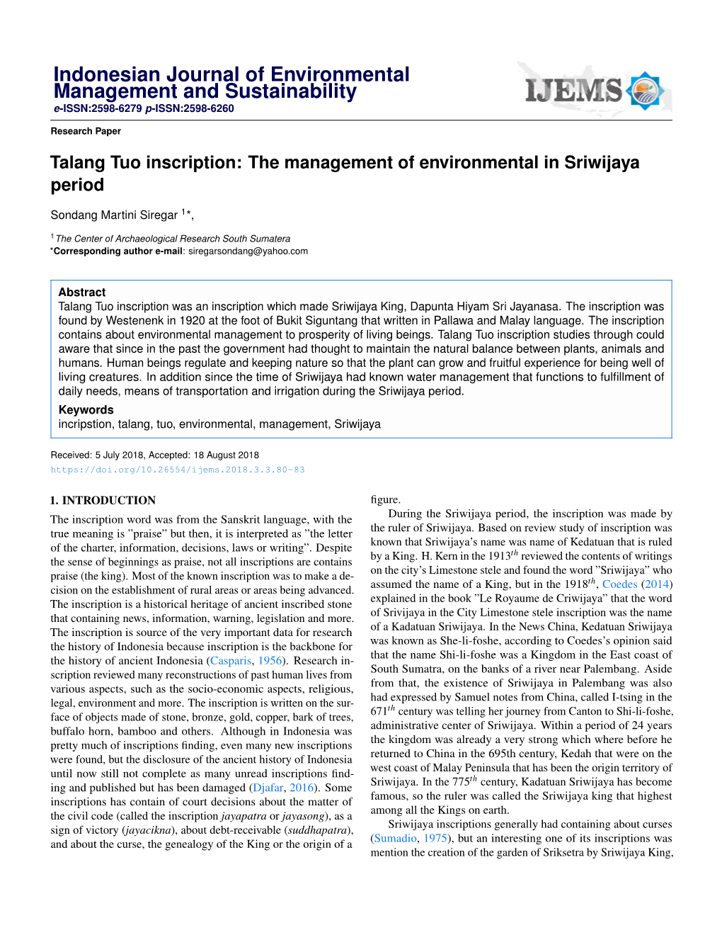 Talang Tuo Inscription: the Management of Environmental in Sriwijaya Period